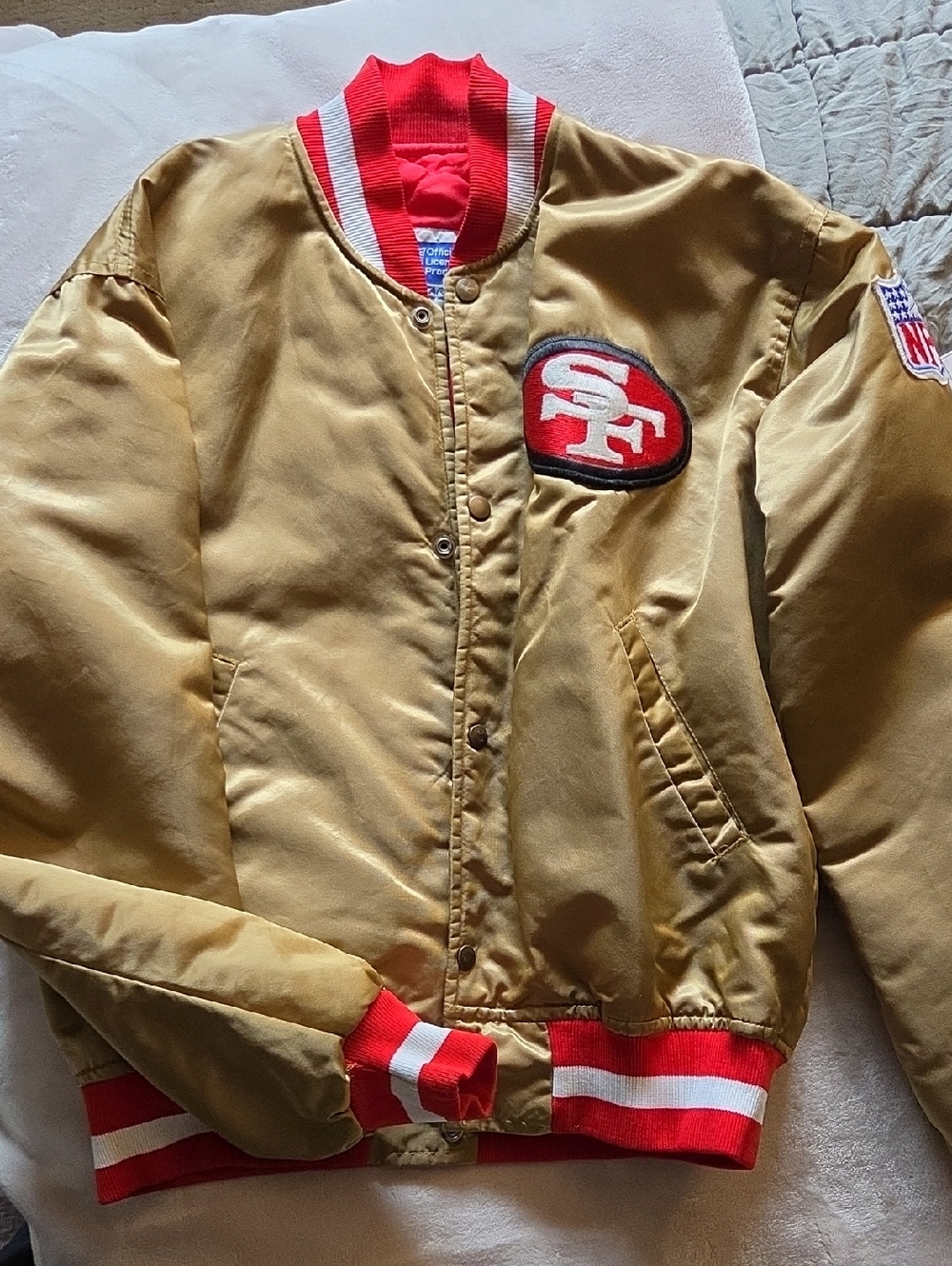 STARTER Gold Satin San Francisco 49ers Varsity Bomber Jacket with Red Trim